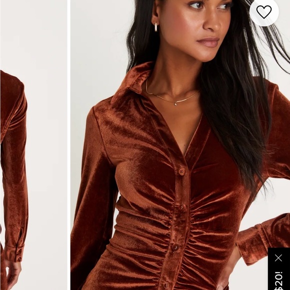 Lulus Dress (XS) Endless Style Rust Brown Velvet Ruched Button-Up Mini Dress - Picture 2 of 3